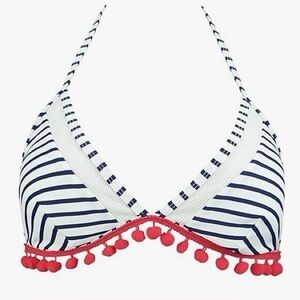 Tassel Trim Bikini Top, Halter Straps, White & Blue Striped Red Pom Pom Accents
